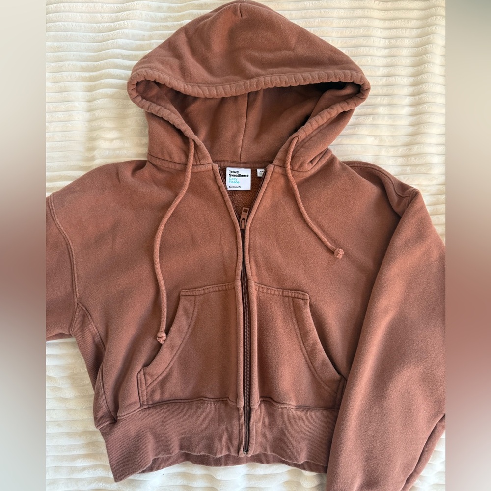 TNA Sweatfleece Cozy Fleece Boyfriend fit cropped zip-up hoodie